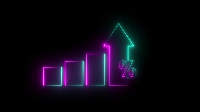 glowing neon Profit high growth percent icon, stocks, financial, Interest rate and dividend concept. Businessman showing neon line animation of graph and chart with percentage icon