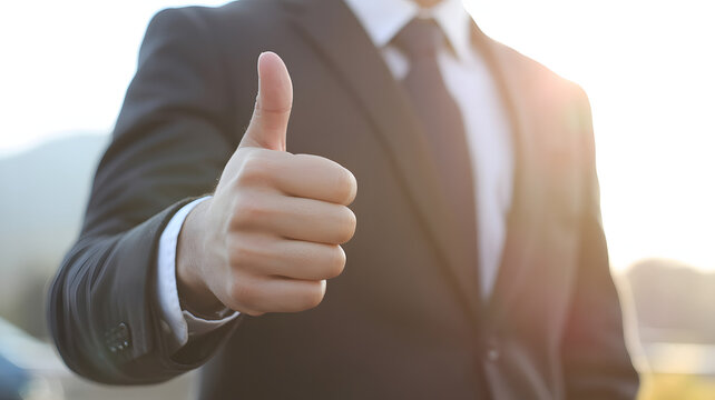 Confident businessman gives thumbs up approval, celebrating success in professional attire - Powered by Adobe