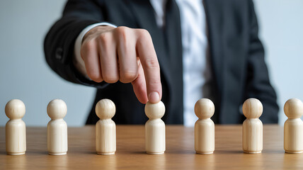 Professional selects best candidate from row of wooden figures for career growth