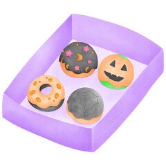 A hand-painted watercolor illustration of a box of assorted pastel sugar cookies and chocolate chip cookies, perfect for Halloween bakery designs.