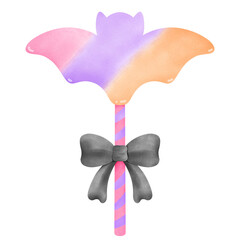 A watercolor illustration bat dessert pop in pastel orange and purple, perfect for seasonal spooky themes.