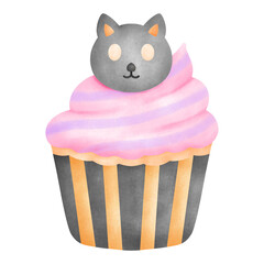 Watercolor illustration of a cupcake with pastel pink swirl frosting topped with a black cat figure, a charming Halloween seasonal treat.