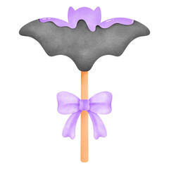Watercolor illustration of a stylized black and grey bat dessert pop tied with a pastel purple ribbon, a spooky seasonal sweet treat.