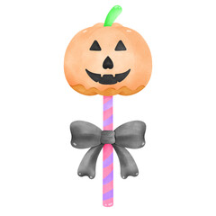 A hand-painted watercolor illustration of a bright orange pumpkin dessert pop tied with a grey ribbon, capturing a classic spooky Halloween season treat.
