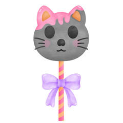 A watercolor illustration of a stylized black cat dessert pop tied with a pastel purple ribbon, an ideal spooky seasonal sweet treat.