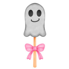 Hand-painted watercolor illustration of a simple  ghost dessert pop tied with a pastel pink ribbon, a cute spooky seasonal confectionery treat.
