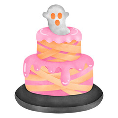 Watercolor illustration of a two-tier pastel pink and Orang cake topped with a small ghost figure, perfect for a spooky seasonal bakery theme.
