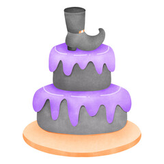 Watercolor illustration Two-Tier cake with black, grey, and purple layers, ideal for Halloween bakery designs.