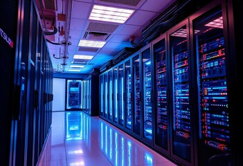 Fototapeta premium Modern server room interior with glowing network equipment and data center technology, cloud storage, database