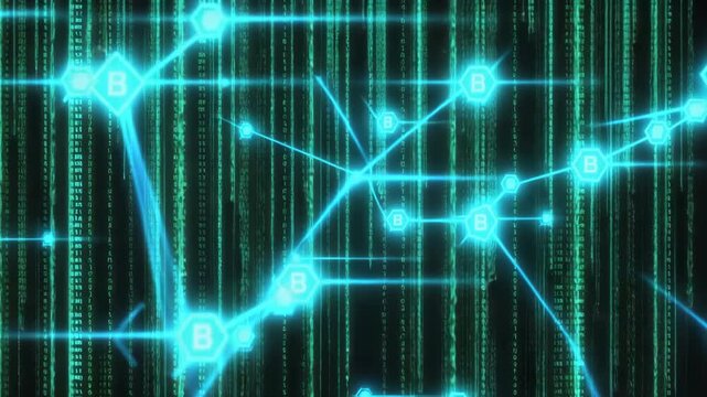 Abstract digital illustration of bitcoin cryptocurrency blockchain network connections with matrix code background