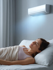 Relaxed woman sleeping peacefully in bed with modern air conditioner providing cool comfort. sustainable system for efficient energy use creates serene atmosphere at home