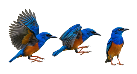 Three vibrant bluebirds in various stages of flight and perching on a white background.