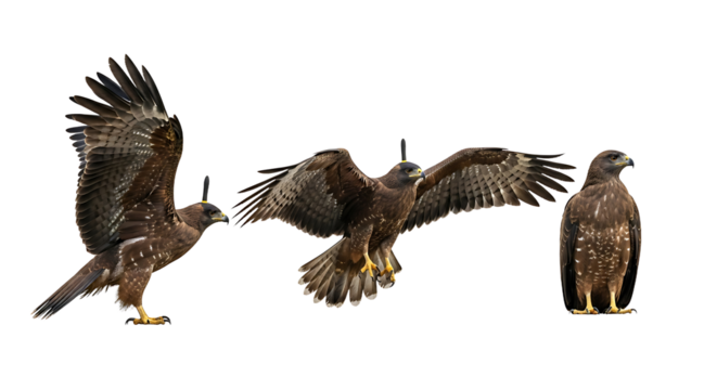 Three Tawny Eagles Displaying Majestic Flight and Perched Stance.