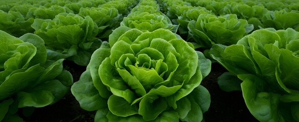 Obraz premium The vibrant rows of fresh lettuce appear lush and crisp in the garden.