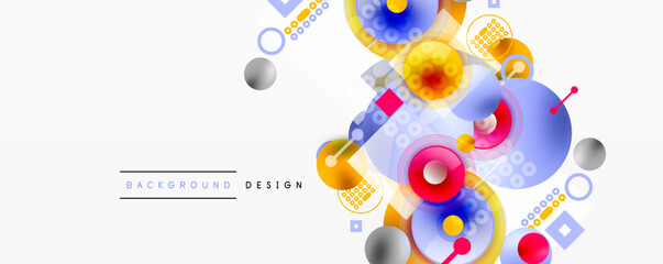 Fototapeta premium Abstract geometric shapes, vibrant colors, modern design elements. Composition includes circles, squares, dots, gradients. Clean background.