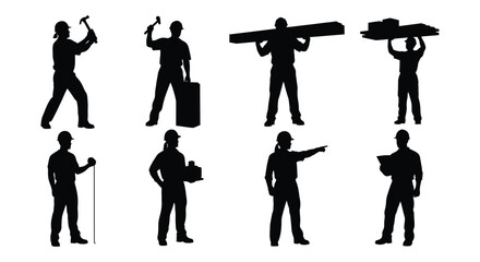 Obraz premium Silhouettes construction worker builder in different poses