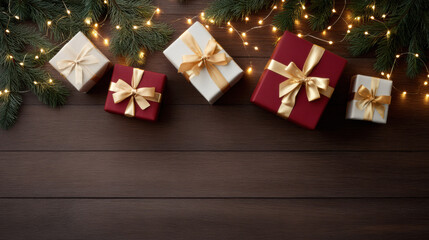 Joyful Christmas background with festive gift box, present and decoration. Holiday celebration concept on dark wood table with fir branch and warm glowing light