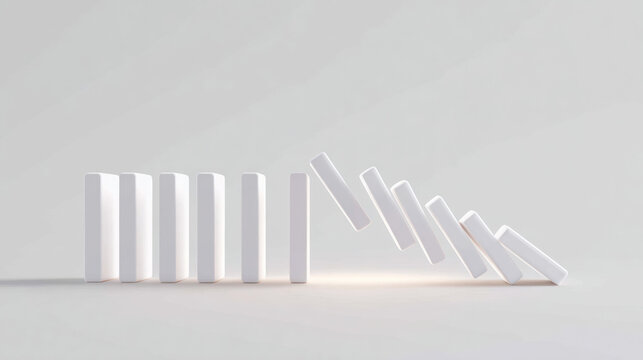 White domino falling in minimalist concept of chain reaction and effect. clean background illustrates business risk and consequence of single action in continuous sequence