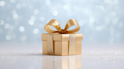 Single gold gift box with ribbon and bow on sparkly background. luxury present for festive holiday celebration, expressing feelings of joy and surprise