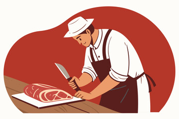 Butcher sharpens knife, preparing to cut meat.