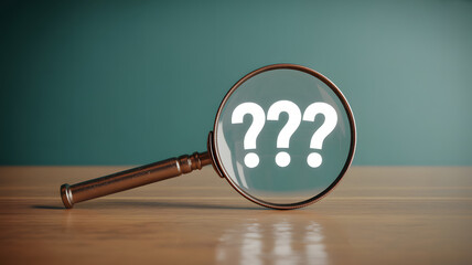 Magnifying glass reveals glowing question marks, symbolizing mystery and inquiry