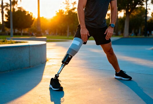 Athlete with prosthetic leg stretching in a park at sunset, outdoor fitness and adaptive training for active lifestyle and rehabilitation motivation - Powered by Adobe