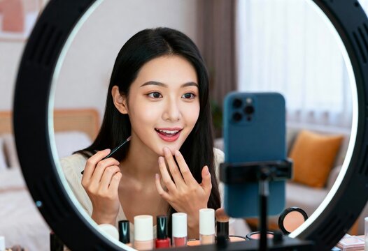 Young adult woman applying lip makeup while recording beauty tutorial at home with ring light, social media content creation and influencer livestream for cosmetics education and engagement