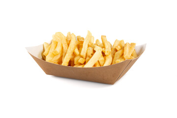 cardboard box chips tasty french fries in carton takeaway dish box of snack on white background