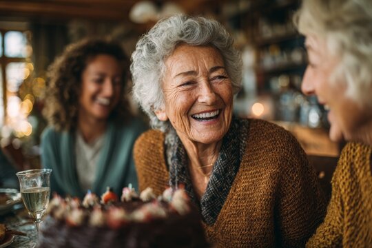 Happy elderly woman laughing during a warm family celebration with a cake. - Powered by Adobe