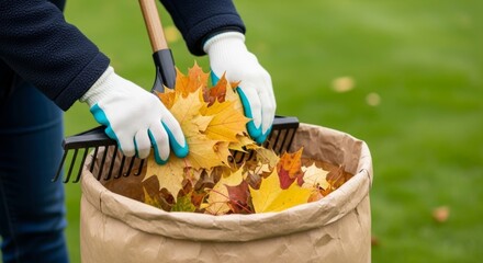 Close-up of gloved hands using a rake to gather colorful fall maple leaves into a brown paper yard waste bag on a green lawn.
