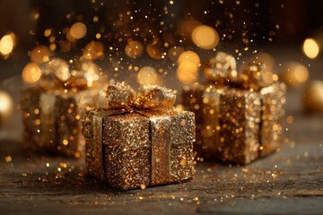 Golden Glitter Gift Boxes on Wooden Surface with Festive Bokeh Lights.