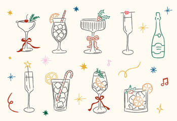 Christmas cocktail glasses with festive ribbons, holly, citrus slices, and champagne bottles in hand-drawn whimsical style. Concept of holiday drinks and celebration. Vector illustration isolated.