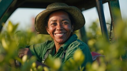 A woman in a straw hat smiles at the camera