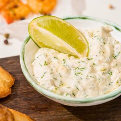 Creamy lime herb dip with toasted bread and shrimp appetizer
