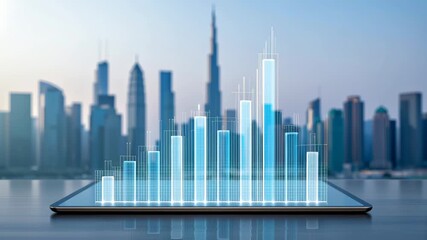 Housing data analytics concept. Digital cityscape with graphs displayed on a tablet against a modern skyline backdrop. - Powered by Adobe