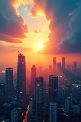 Fototapeta premium Hopeful Sunrise Cityscape Gleaming Skyscrapers and Breaking Sunrays Symbolize Progress and a Bright Future, Evoking Optimism and Ambition