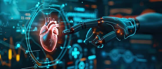 Fototapeta premium A humanoid robot holding a glowing holographic heart in a high-tech environment. Concept of artificial intelligence in healthcare, robotics, and futuristic medical technology.