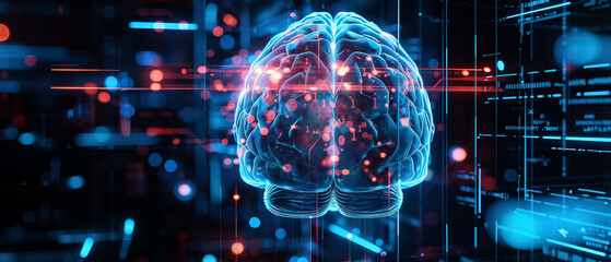 Obraz premium Futuristic 3D hologram of a human brain with glowing neural connections and data streams. Concept of artificial intelligence, neuroscience, and digital innovation in technology and medicine.