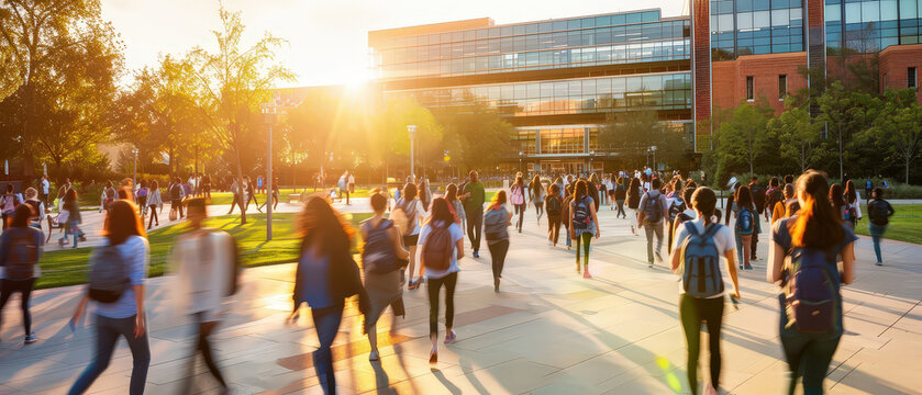 A large group of students walking across a modern university campus during sunset. Warm sunlight, urban architecture, and dynamic motion create an academic and vibrant atmosphere.