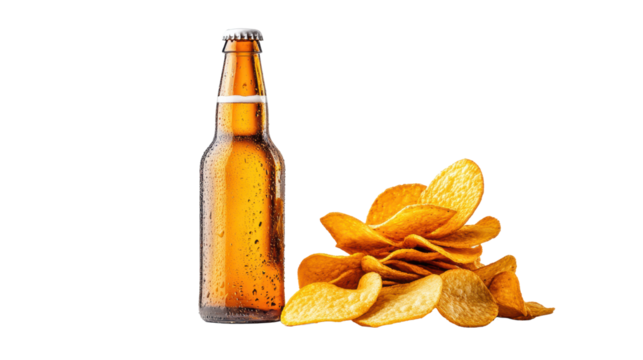 Beer Bottle with Crisps on Transparent Background
