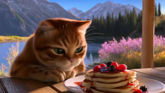 Orange cat looks longingly at a stack of pancakes with berries
