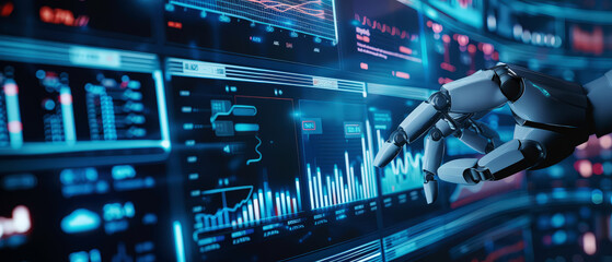 Close-up of a robotic hand interacting with holographic data charts and graphs. Concept of artificial intelligence, big data analysis, automation, and futuristic digital technology.