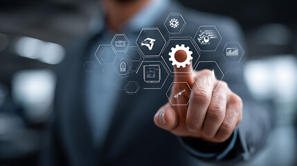Business professional displaying icons representing key aspects of procurement process, digital transformation of supply chain management through mobile technology and data-driven insights