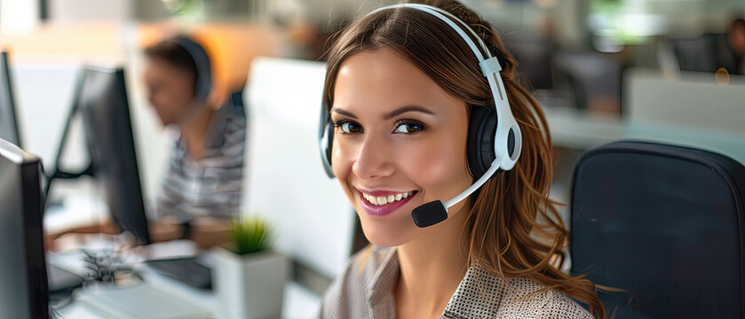 Cheerful young woman working at a modern office, wearing a headset and smiling at the camera. Professional customer service representative providing assistance in a call center environment.