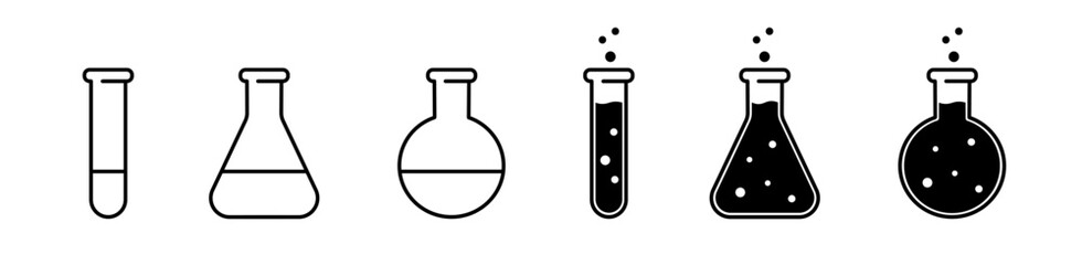 Laboratory chemical flasks icon set. Erlenmeyer,  alchemy symbol. Editable troke. Vector illustration. 