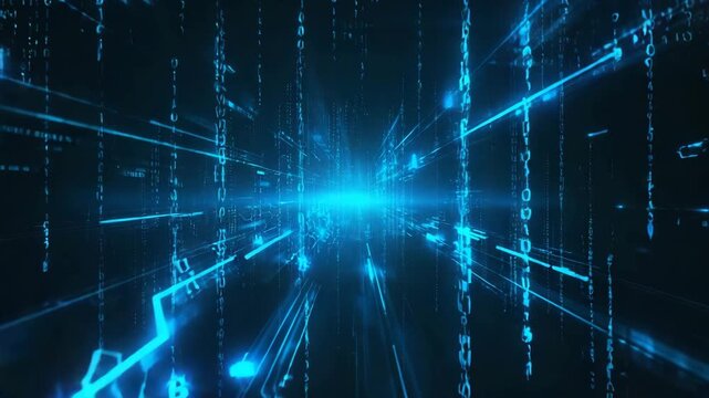 Futuristic digital data stream with binary code flowing through virtual space - Powered by Adobe