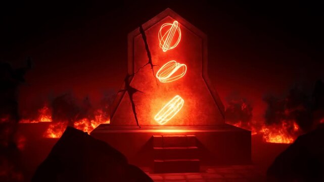 Glowing ancient altar with mystical symbols in a fiery landscape
