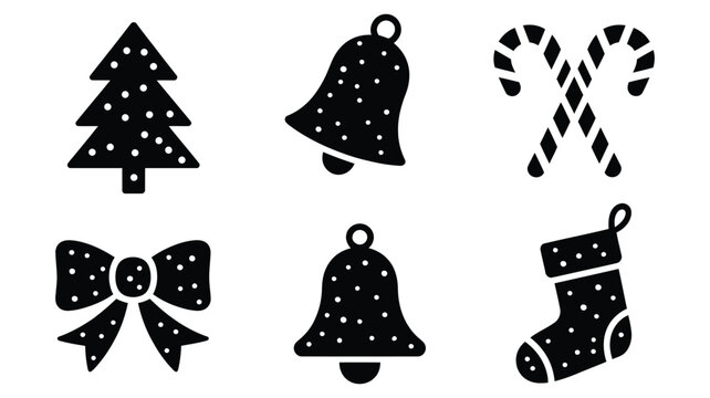 Snow-dotted Christmas silhouette icon set with tree, bell, candy cane, bow, and stocking for festive winter design and seasonal decor