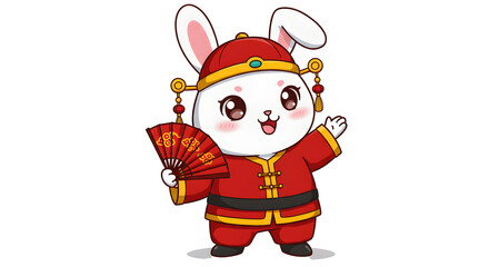 Fototapeta premium Prosperous Bunny's Welcome: An adorable cartoon bunny, dressed in auspicious red attire and holding a delicate fan, exudes warmth and invites celebration. 