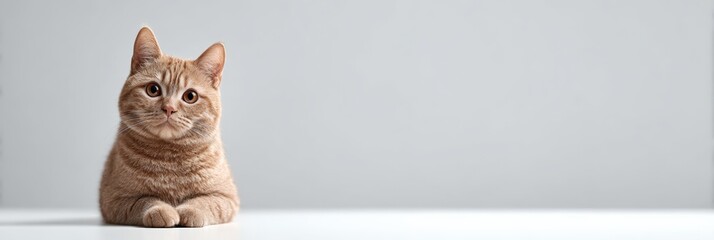 Ginger tabby cat lying down, gazing directly at the viewer with warm eyes, positioned on a clean white surface with vast negative space for adding text or graphics